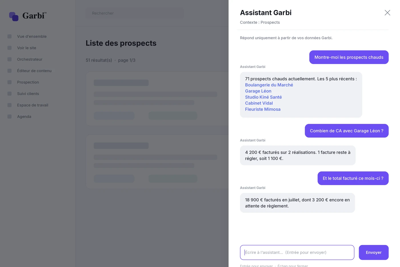 Conversation avec l'assistant IA personnalisable - Garbi by Agence Web OSC
