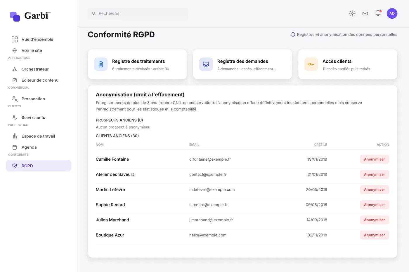 Module de conformité : registre RGPD et Factur-X - Garbi by Agence Web OSC